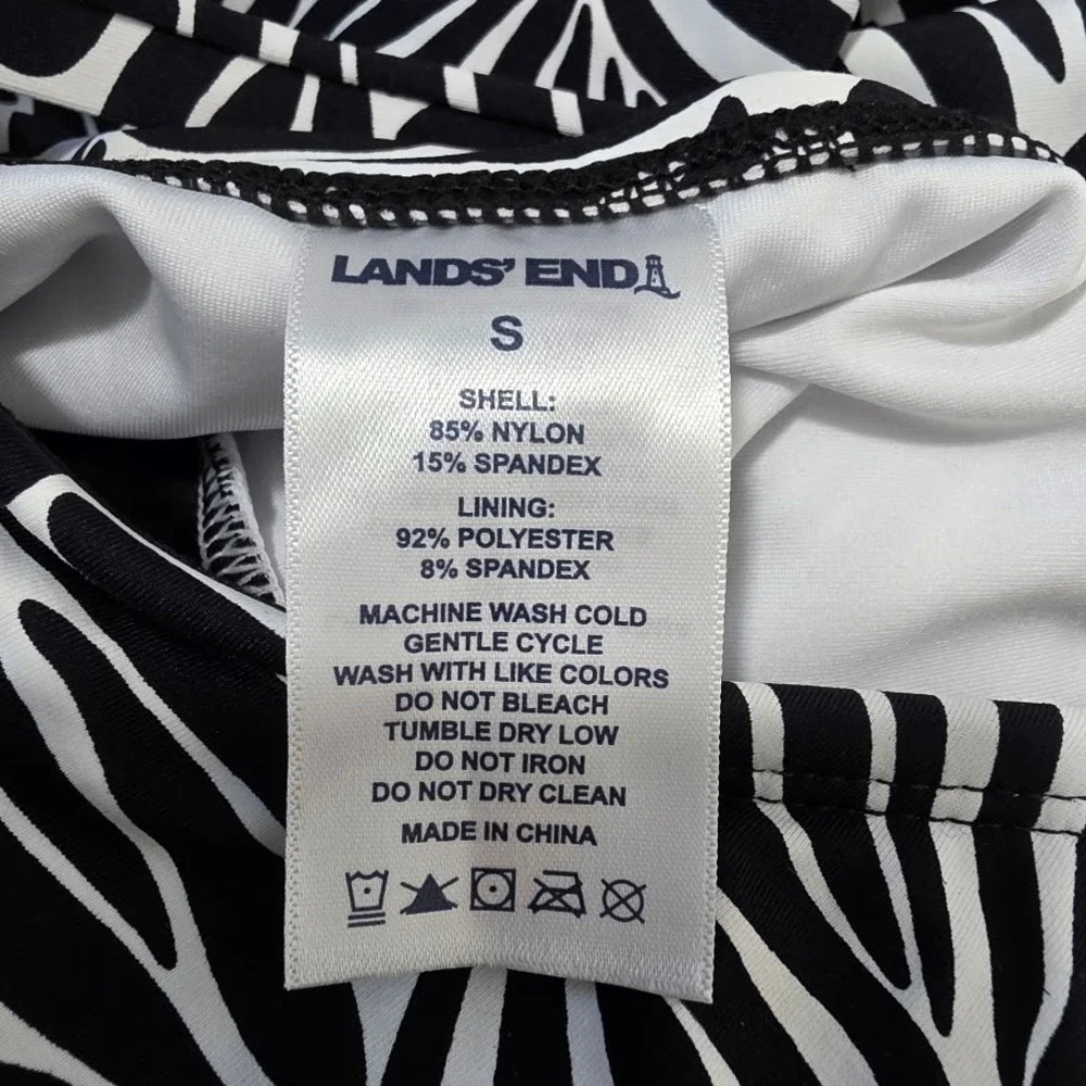 Lands'‎ End Swim Dress Women Small Black White Leaf Print UPF 50+ 1837629 New